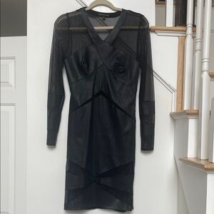 Catherine Malandrino Black Mesh & Faux Leather Long Sleeve Dress